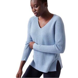 Athleta Hanover Refined V Neck Sweater Merino Wool Blend Oversized Blue Size S